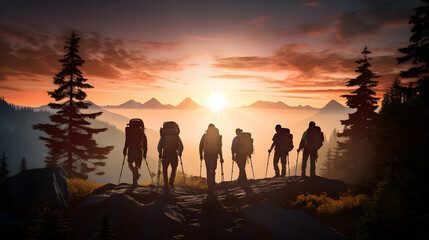 A group of people standing on top of a mountain at sunset