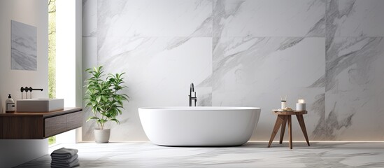 Contemporary bathroom with stylish marble walls With copyspace for text