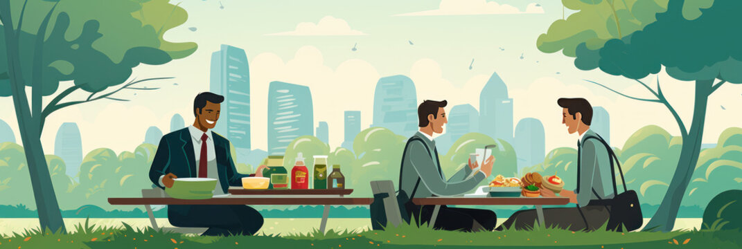 Brunch or lunch outdoors, office workers in business suits eating homemade balanced meal from lunchbox, illustration banner