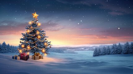 Magical Christmas Tree with Starlit Sky and Snowy Landscape
