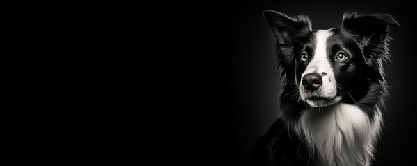 Black and white portrait of a Border Collie dog isolated on black background banner with copy space