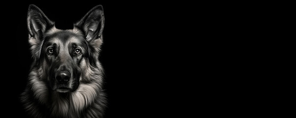 Black and white portrait of a German Shepherd dog isolated on black background banner with copy space - obrazy, fototapety, plakaty