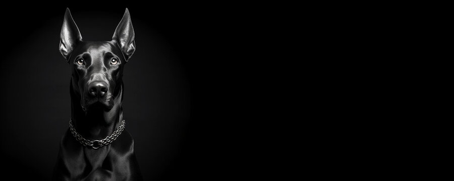 Black and white portrait of a Doberman Pinscher dog isolated on black background banner with copy space