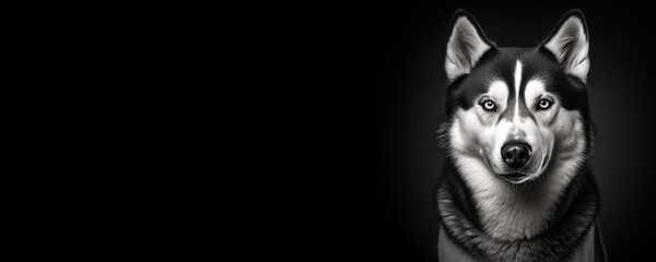 Black and white portrait of a Siberian Husky dog isolated on black background banner with copy space