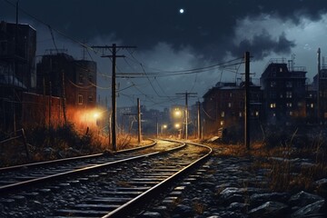 A nocturnal urban landscape with a railway line illuminated by lights. Generative AI