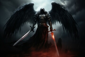 Ancient Death angel sword. Dark person battle. Generate Ai - obrazy, fototapety, plakaty