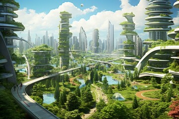 Futuristic sustainable urban landscapes adorned with lush greenery and advanced high-rise buildings. Generative AI