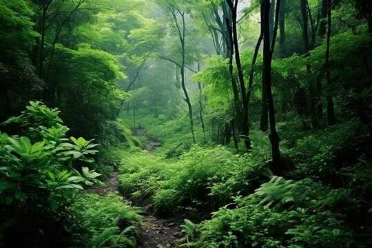 lush foliage in dense forest. Generative AI