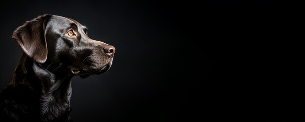 Portrait of a chocolate color Labrador Retriever dog isolated on black background banner with copy...