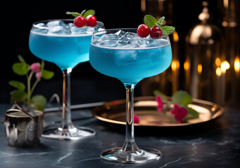 Illustration of blue cocktails drinks with cherries. Exclusive beverages for luxury dinner. Generative AI