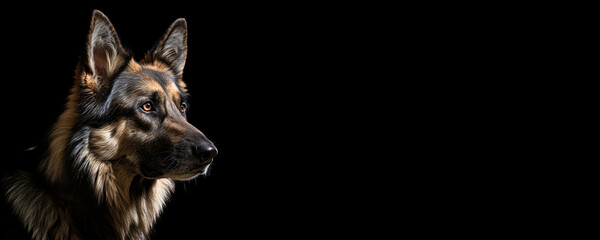 Portrait of a German Shepherd dog isolated on black background banner with copy space