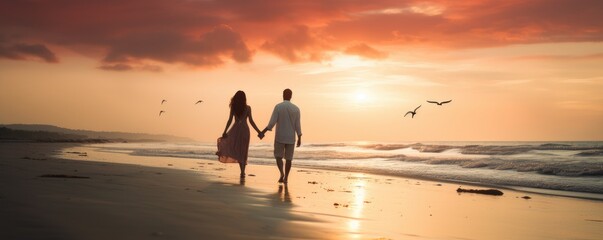 Couple walking along a beach on a romantic evening - obrazy, fototapety, plakaty