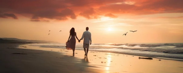 Rolgordijnen Couple walking along a beach on a romantic evening © Georgina Burrows