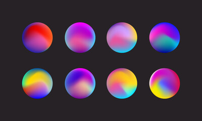 3d abstract hologram liquid surface collection. Round iridescent shiny fluid holographic texture space neon icons set. Bright color circles. Vector illustration
