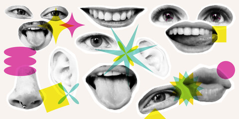 Punk y2k collage elements. Eyes and lips and ear, nose with piercing in halftone treatment. Retro magazine clippings. Mouth on creamy color background with riso shapes, overview.