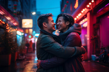 Fototapeta premium Valentine's Day concept. Two men hugging each other with love.