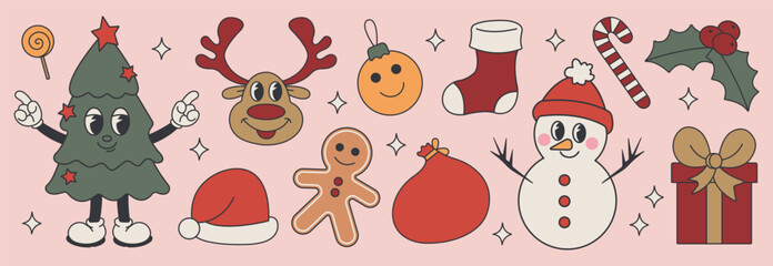 Groovy 70s Christmas sticker set. Trendy retro cartoon style. Comic cartoon characters and elements. Christmas tree, 
deer, snowman, gingerbread, gift