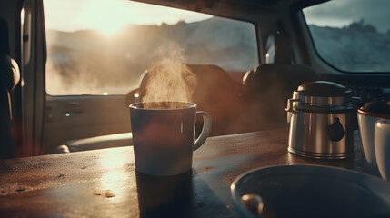 A cup of coffee in a van life campervan . Generative AI - obrazy, fototapety, plakaty