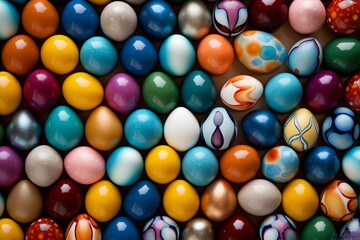 Fototapeta na wymiar A colorful assortment of Easter eggs arranged in a top-down perspective. Generative AI