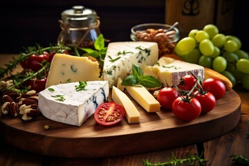 Delicious Mediterranean cheese on a wooden chopping board with assorted ingredients. Generative AI