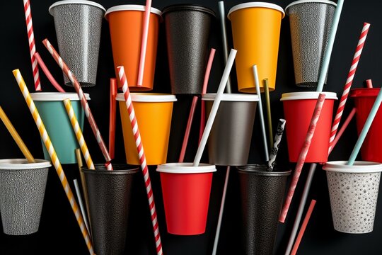 Collage of mugs with straws next to each other. Generative AI