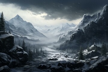 A snowy landscape features the word freedom amidst rocky terrain. Generative AI - obrazy, fototapety, plakaty