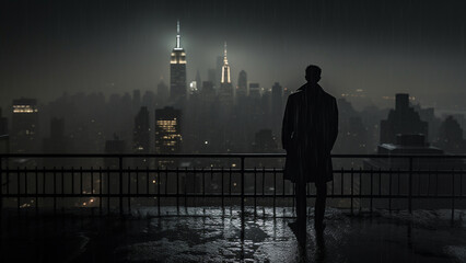 Fototapeta na wymiar 雨の中大都会を見つめる男性-A man looking at the big city in the rain Generative AI