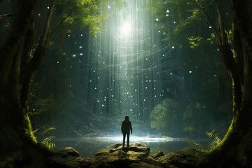A person stands Receive power from nature in a tranquil forest glade.It brings about a sense of calm and rejuvenation