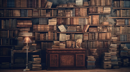 A wall full of ancient books of a library, holding many historical books and manuscripts. - obrazy, fototapety, plakaty