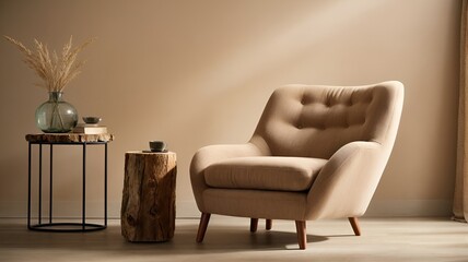 A cozy fabric lounge chair sits atop a plush wood stump side table, nestled against a warm beige stucco wall. The perfect addition to a rustic minimalist home interior design.