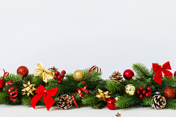 New Year Christmas tree toy, branches of a christmas tree, New Year decorations on a colored background