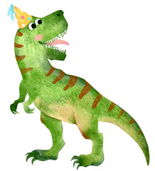 Watercilor Illustration of a Funny Green Dinosaur with a Birthday Hat. Roaring T-Rex Dino Cartoon