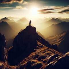 A hiker at the top of a mountain overlooking a stunning view. Apex silhouette cliffs, summits and valley landscape