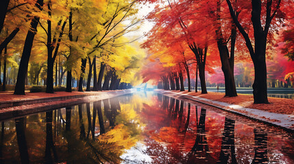 Realistic painting of an autumn scene featuring a tree-lined boulevard with leaves in vibrant colors covering the ground, photography - obrazy, fototapety, plakaty