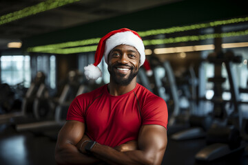Christmas Xmas New Year December holiday celebration concept. Fitness African American coach muscled man personal trainer in red Christmas hat in sport club interior. Getting fit healthy resolutions - obrazy, fototapety, plakaty