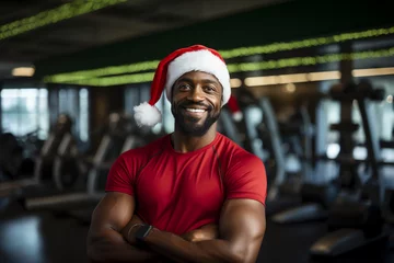 Gordijnen Christmas Xmas New Year December holiday celebration concept. Fitness African American coach muscled man personal trainer in red Christmas hat in sport club interior. Getting fit healthy resolutions © Valeriia