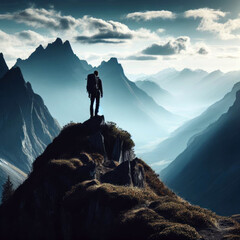 A hiker at the top of a mountain overlooking a stunning view. Apex silhouette cliffs, summits and valley landscape