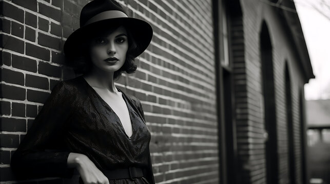 Black and white photograph of a person dressed in 1920s fashion, posing against an old brick building