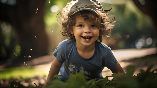 Portrait of a child playing in a park, using natural lighting and candid expressions, photography