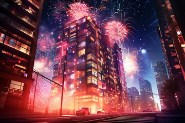 New Year's Eve Festivity: Colorful Fireworks Over the City's High-Rise Buildings