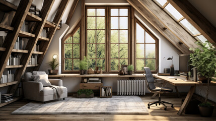 cozy attic space features exposed wooden beams and plush carpets A comfortable armchair sits beside a large window and a corner desk is tucked away in the corner - obrazy, fototapety, plakaty