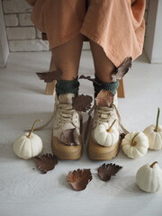 autumn, legs with leaves and a hedgehog