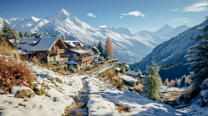 Fototapeta premium Winter in Swiss Rural Landscapes Transforms them into a Serene Wonderland where Snow Blankets Valleys and Mountains alike Wallpaper Background Digital Art Cover Poster
