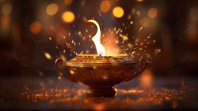 Illuminate the essence of Diwali with a captivating image showcasing a beautifully lit oil lamp or diya. Capture the intricate details of the flame and its warm, inviting glow.