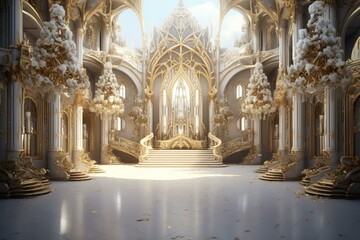 Interior of a magical palace adorned with golden decorations and features reminiscent of a castle, depicted through illustrations. Generative AI
