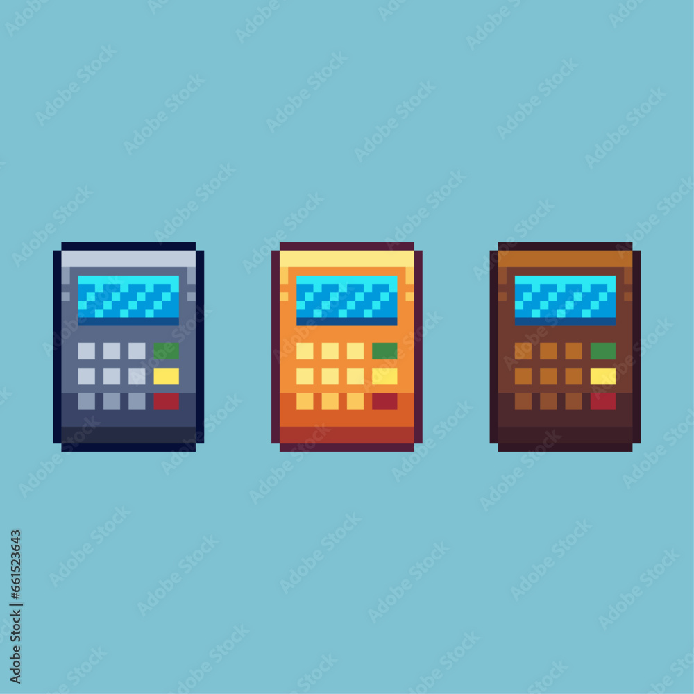 Poster pixel art sets of silver gold calculator with variation color item asset. simple bits of calculator 