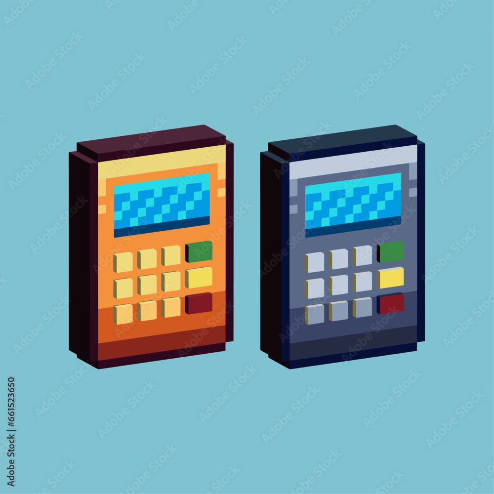 Poster isometric pixel art 3d of gold silver calculator for items asset. calculator on pixelated style.8bit