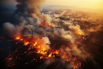 Fototapeta premium A stark image of a forest ravaged by a wildfire. Shown from a drone perspective charred trees and blackened earth dominate the landscape, portraying the devastating natural disaster.