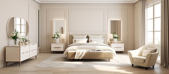 Stylish and cozy beige bedroom with modern furnishings including a bed armchair drawers and mirrors...