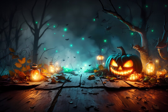 Halloween pumpkin in a creepy forest